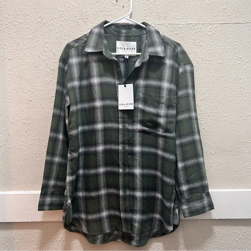 Lola River Issac Button Down Front & Back Clover Green Oversized Plaid Top NWT